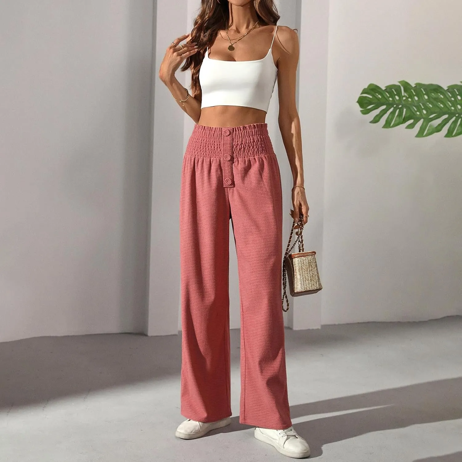 Women's Fall Winter Plaid Casual Long Pants Straight Leg Elastic High Waist Pants Solid Color Comfy Baggy Trousers