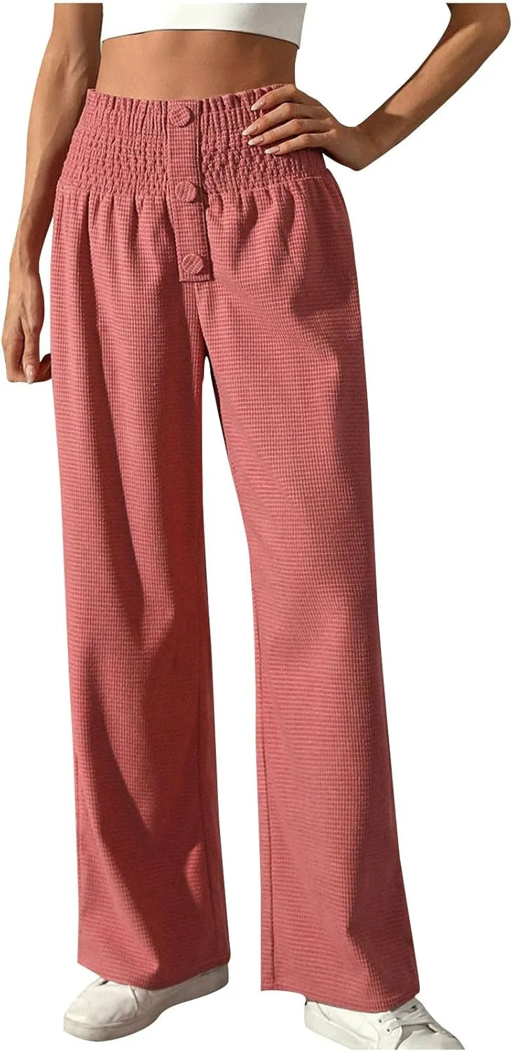 Women's Fall Winter Plaid Casual Long Pants Straight Leg Elastic High Waist Pants Solid Color Comfy Baggy Trousers