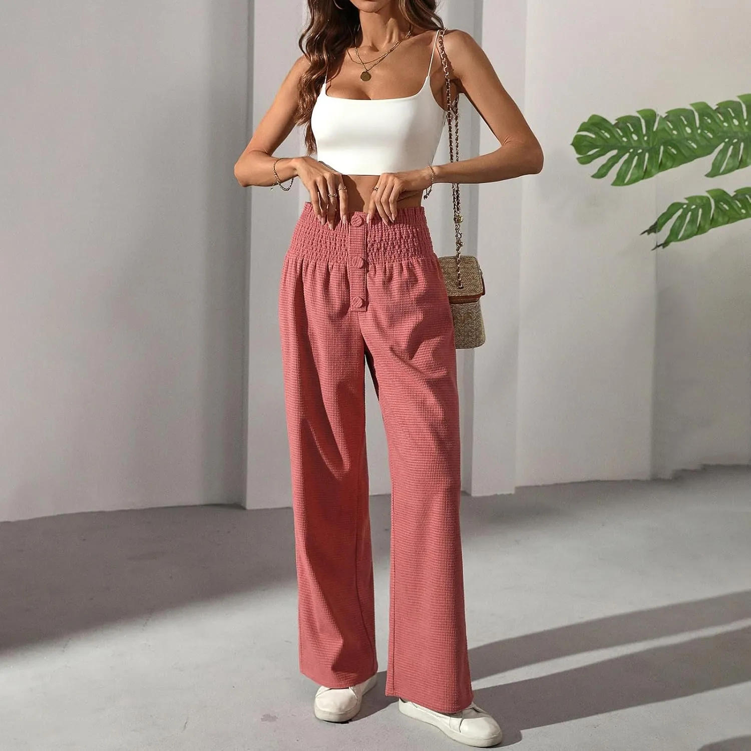 Women's Fall Winter Plaid Casual Long Pants Straight Leg Elastic High Waist Pants Solid Color Comfy Baggy Trousers