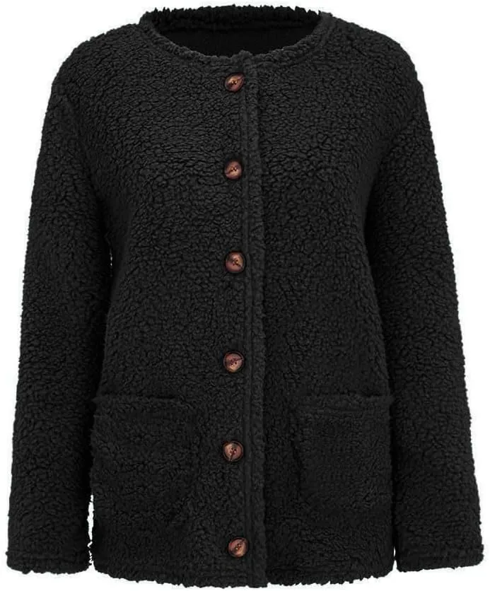Women's Fashion Winter Coat Sherpa Fleece Shearling Oversized Button Down Cardigan Warm Outerwear Jackets with Pocket
