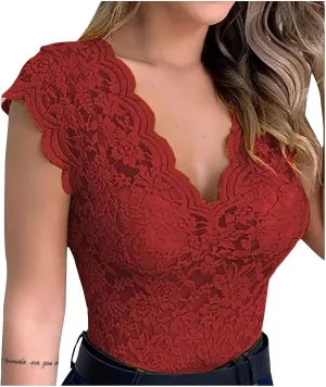 Women's Floral Lace Tank Top Deep V Neck Scalloped Trim Sleeveless Shirts See Through Sexy Mesh Tshirts Plus Size Tops