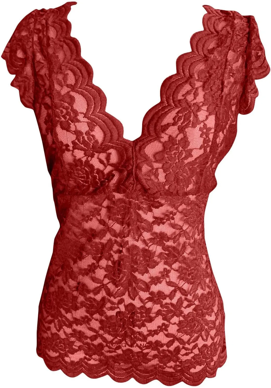 Women's Floral Lace Tank Top Deep V Neck Scalloped Trim Sleeveless Shirts See Through Sexy Mesh Tshirts Plus Size Tops