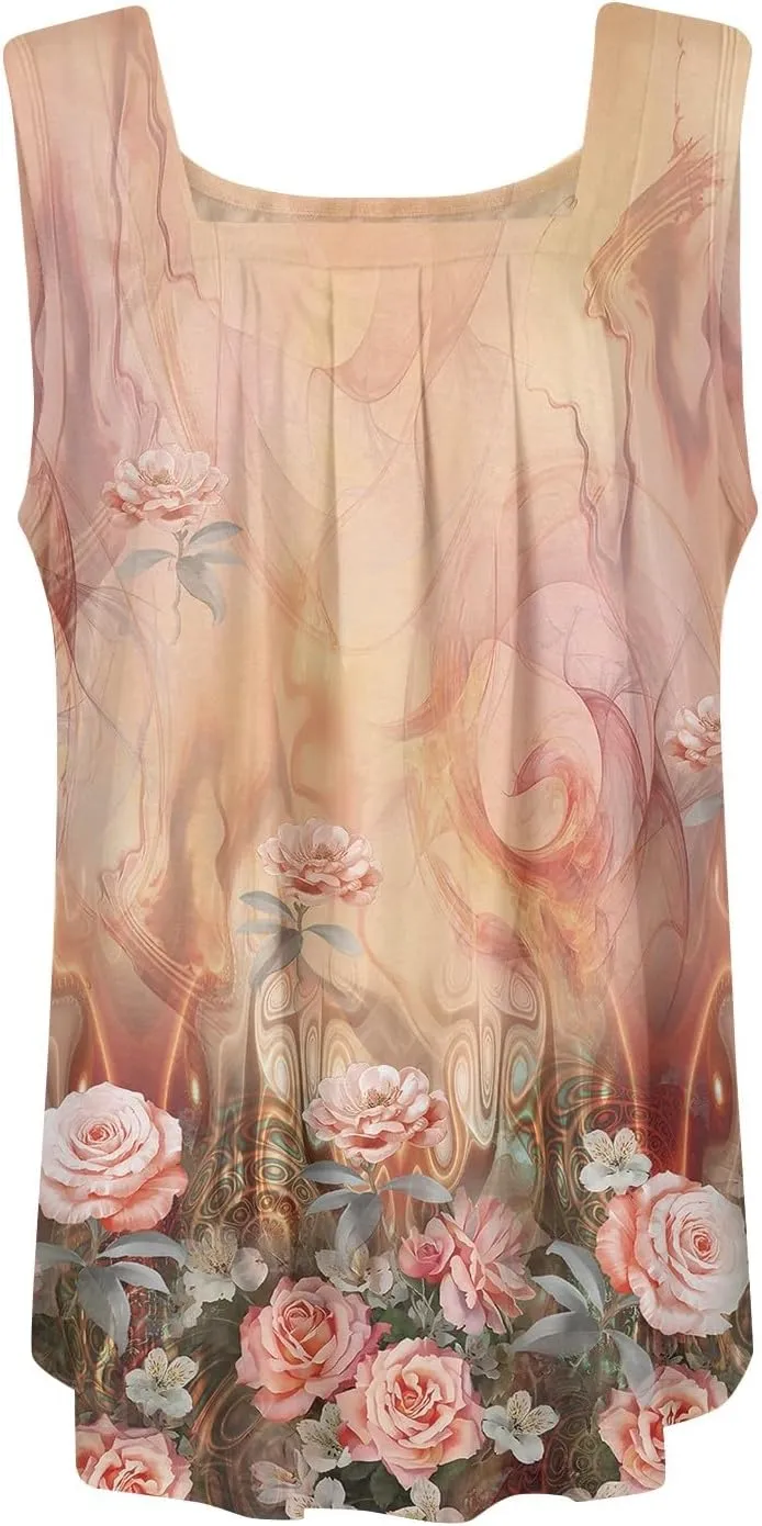 Women's Floral Print Sleeveless Blouse Casual Summer Tank Top with Square Neckline,Lightweight & Breathable