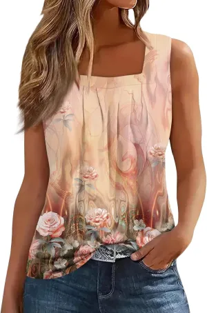 Women's Floral Print Sleeveless Blouse Casual Summer Tank Top with Square Neckline,Lightweight & Breathable