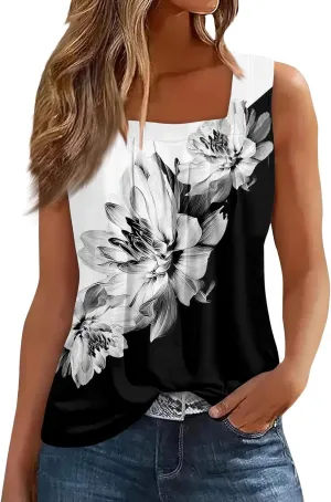 Women's Floral Print Sleeveless Blouse Casual Summer Tank Top with Square Neckline,Lightweight & Breathable