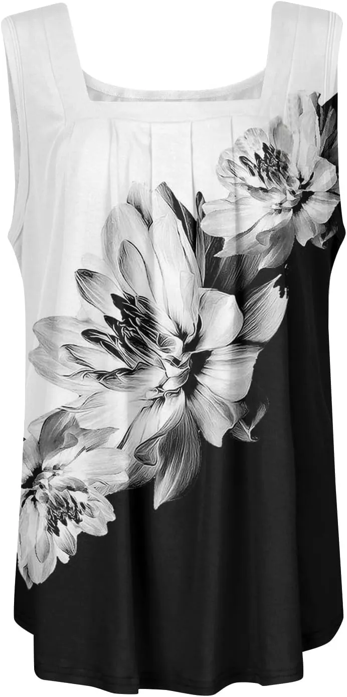 Women's Floral Print Sleeveless Blouse Casual Summer Tank Top with Square Neckline,Lightweight & Breathable