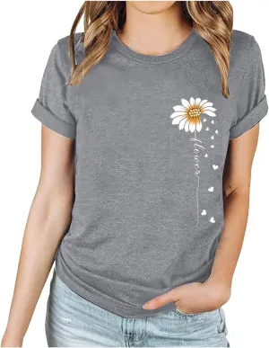 Womens Floral Print T-Shirt Short Sleeve Crew Neck Summer Tops Casual Loose Fit Basic Tee Shirts 2025 Trendy Clothes