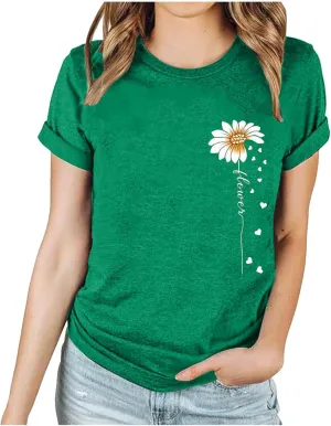 Womens Floral Print T-Shirt Short Sleeve Crew Neck Summer Tops Casual Loose Fit Basic Tee Shirts 2025 Trendy Clothes