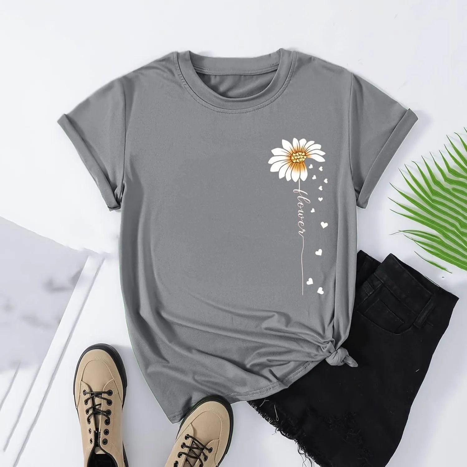 Womens Floral Print T-Shirt Short Sleeve Crew Neck Summer Tops Casual Loose Fit Basic Tee Shirts 2025 Trendy Clothes