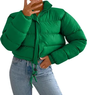 Women's Fluffy Down Jacket Cropped Zip Up Drawstring Short Puffer Coats Stand Collar Comfy Padded Quilted Jackets