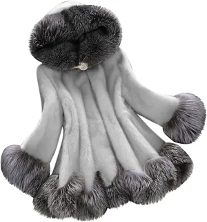 Womens Furry Hooded Jackets Faux Fur Splicing Jacket Warm Winter Coats for Women Plus Size Fluffy Outerwear