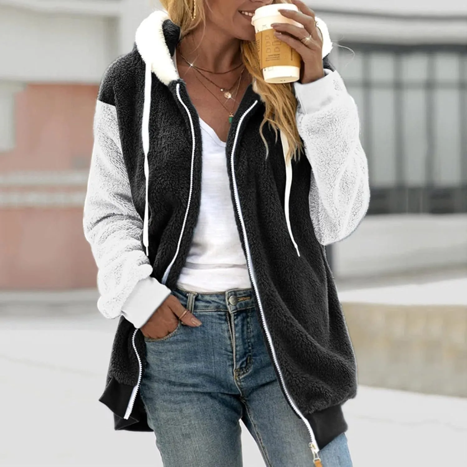 Womens Fuzzy Fleece Jacket Winter Warm Hooded Color Block Patchwork Coats Full Zip Sherpa Outerwear with Pockets