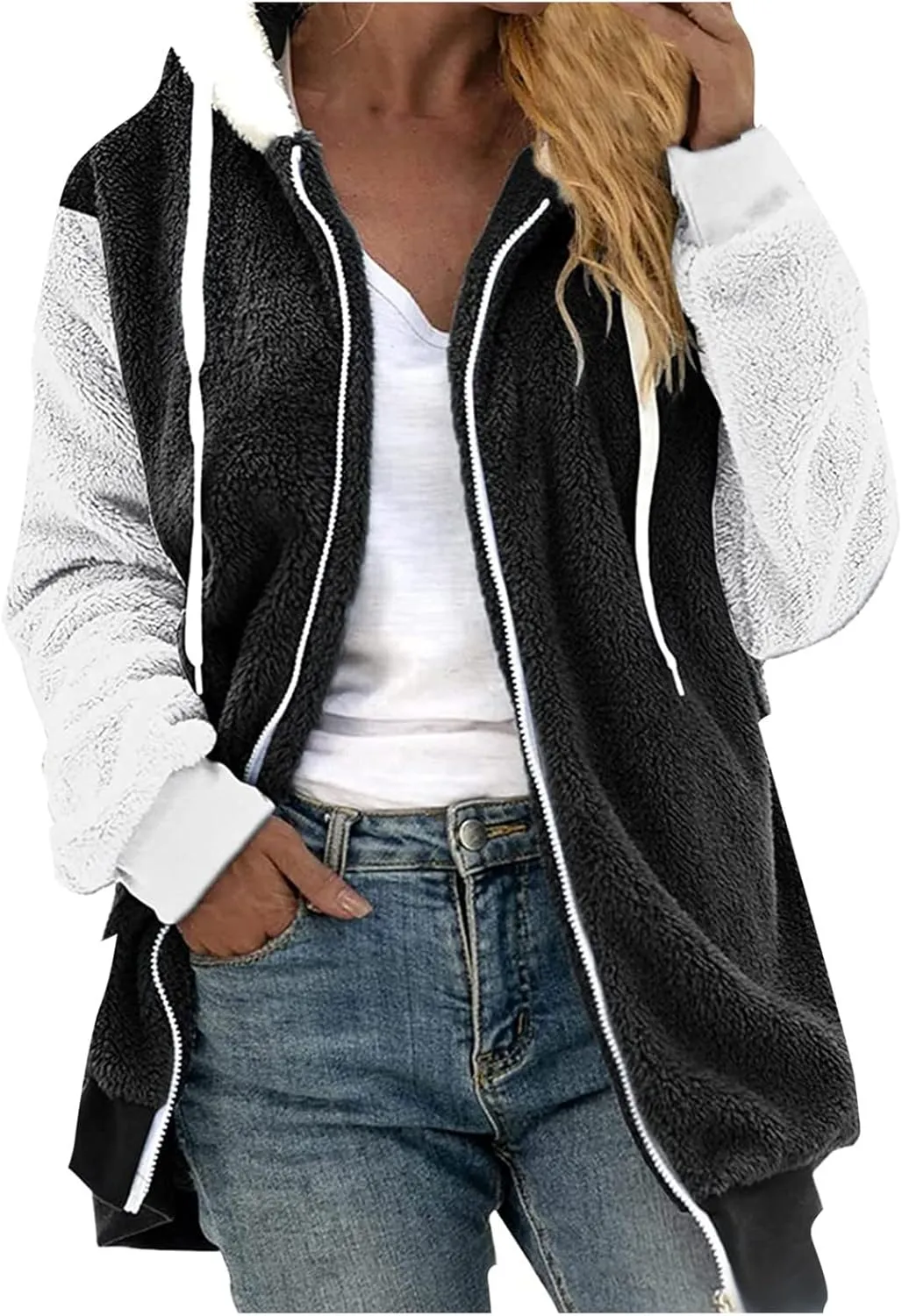 Womens Fuzzy Fleece Jacket Winter Warm Hooded Color Block Patchwork Coats Full Zip Sherpa Outerwear with Pockets