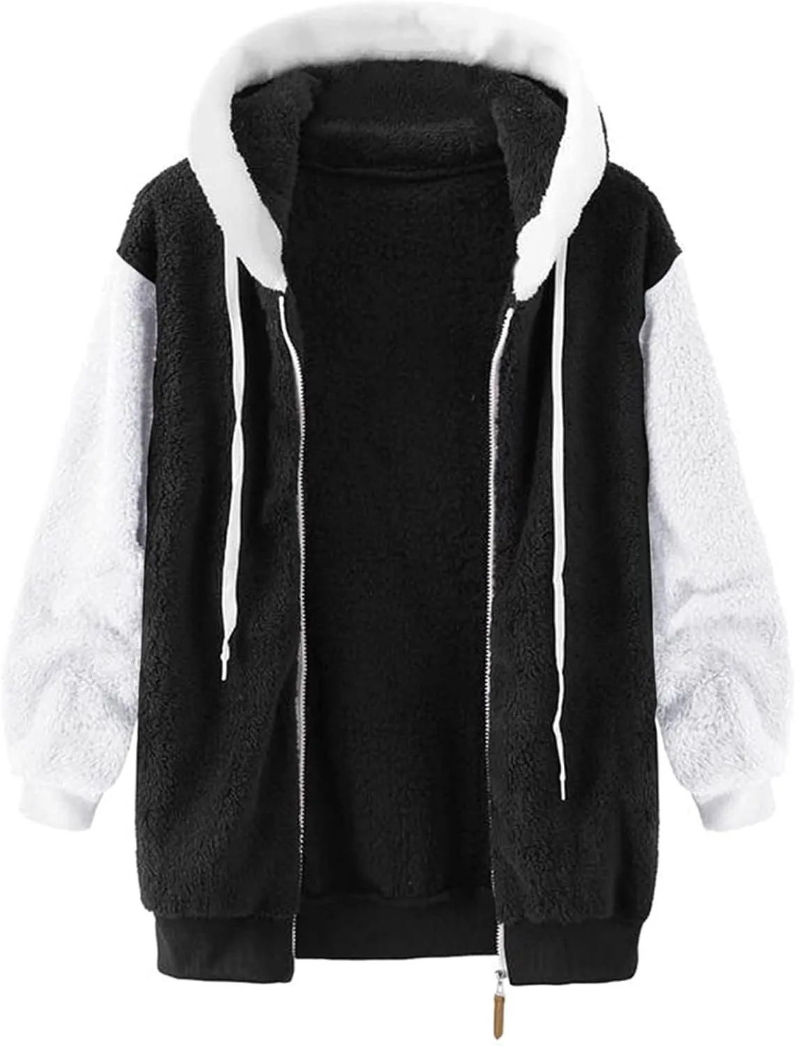 Womens Fuzzy Fleece Jacket Winter Warm Hooded Color Block Patchwork Coats Full Zip Sherpa Outerwear with Pockets