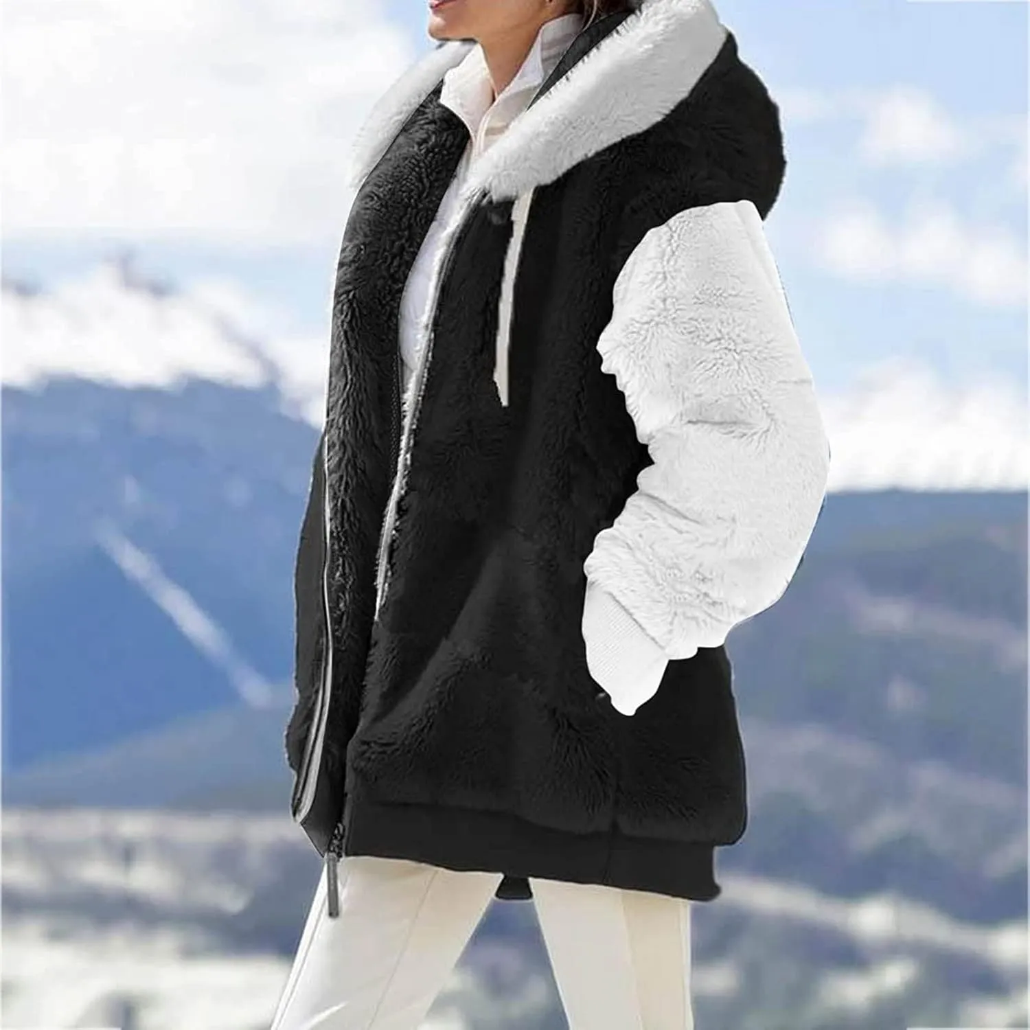 Womens Fuzzy Fleece Jacket Winter Warm Hooded Color Block Patchwork Coats Full Zip Sherpa Outerwear with Pockets