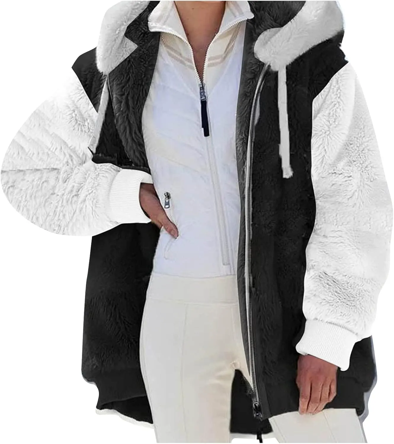 Womens Fuzzy Fleece Jacket Winter Warm Hooded Color Block Patchwork Coats Full Zip Sherpa Outerwear with Pockets