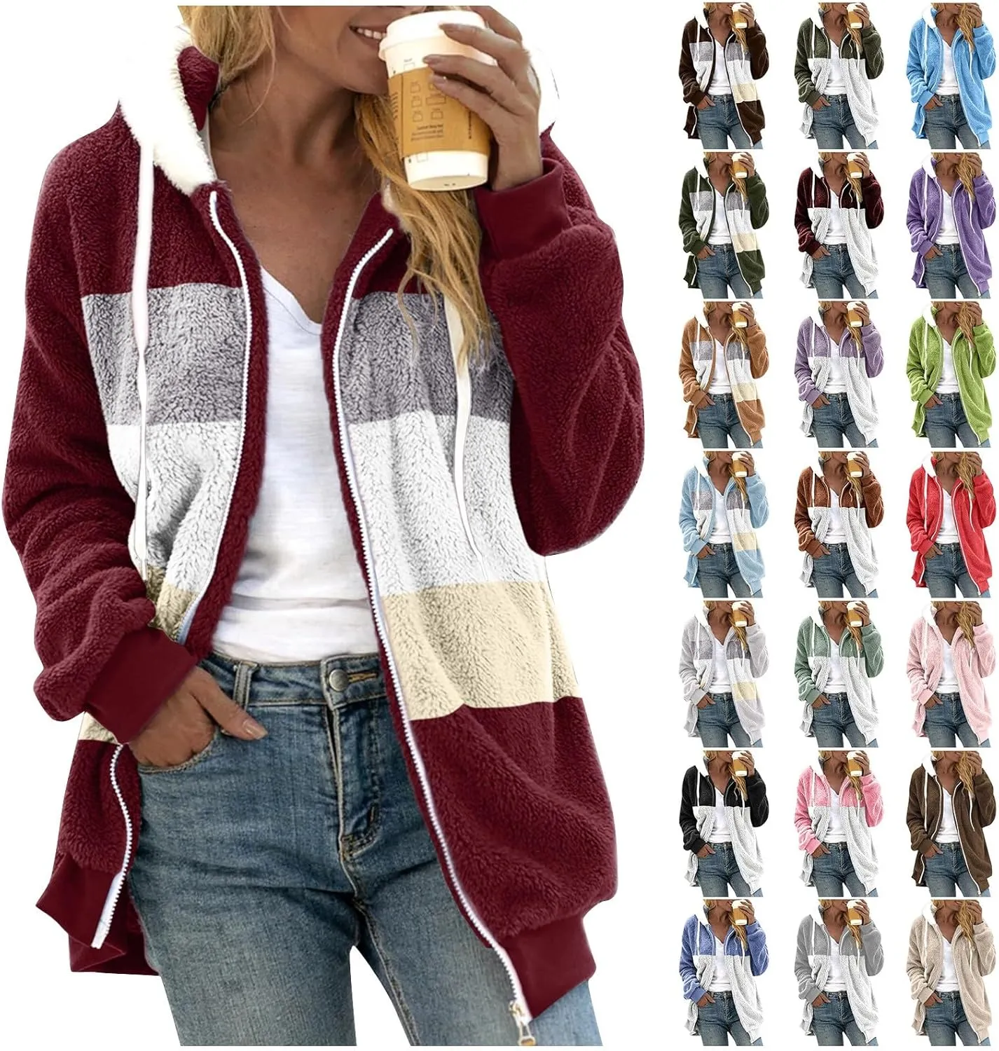 Womens Fuzzy Fleece Jacket Winter Warm Hooded Color Block Patchwork Coats Full Zip Sherpa Outerwear with Pockets