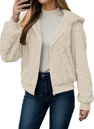 Women's Fuzzy Hooded Jacket Fall Winter Warm Long Sleeve Coat Zip Up Cropped Outerwear with Pockets