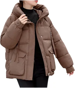 Women's Hooded Puffer Jackets Winter Oversized Stand Collar Down Coats Thick Warm Parka Puffy Jacket with Pockets