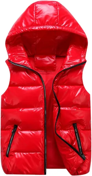 Women's Hooded Shiny Insulated Puffer Vest Sleeveless Down Puffer Jacket Waterproof Vest
