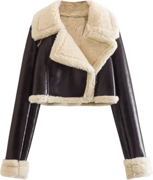 Women's Lamb Sherpa Lined Jacket Sexy Cropped Sweater Coats Winter Short Coat Fake Leather Motorcycle Style