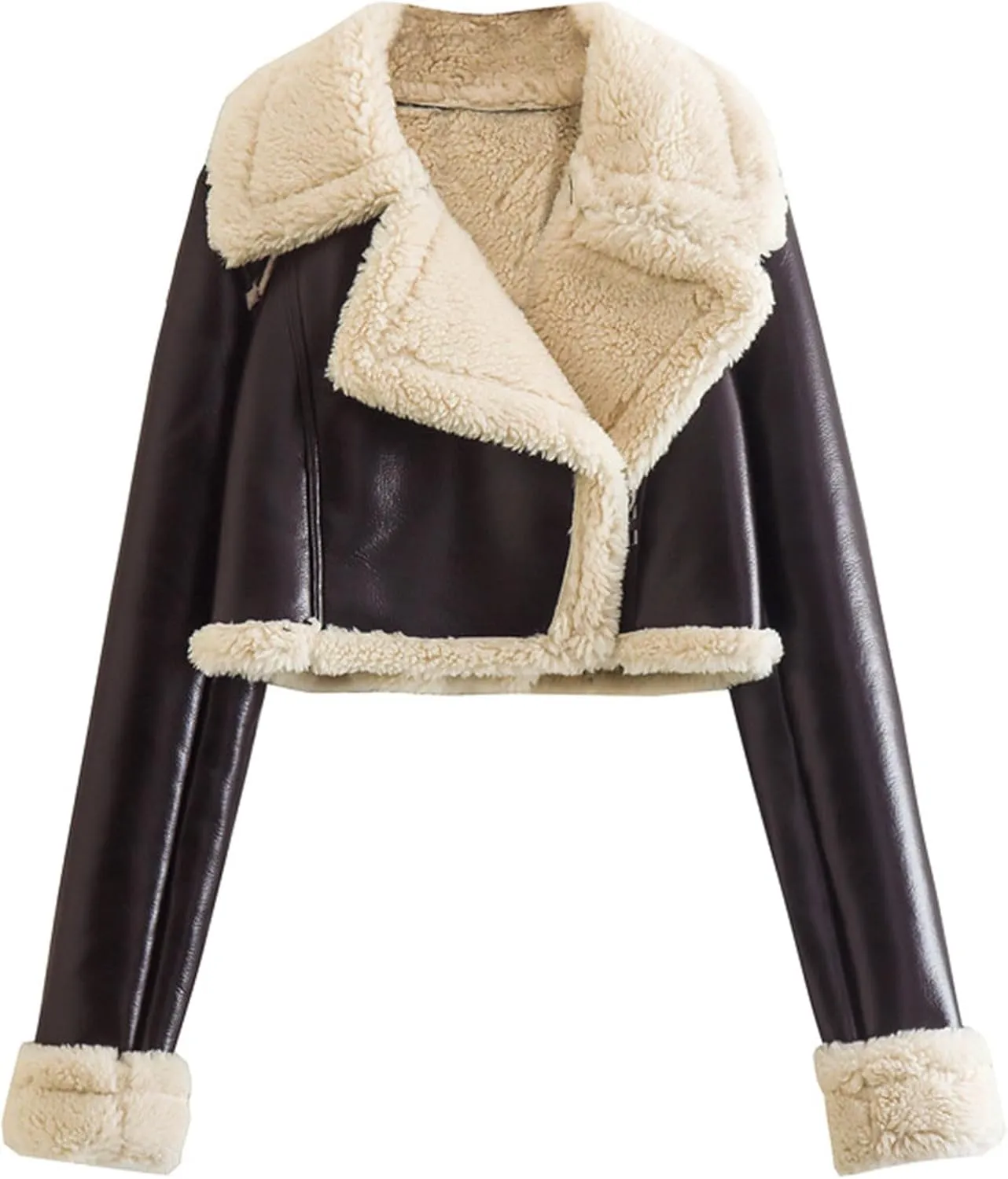 Women's Lamb Sherpa Lined Jacket Sexy Cropped Sweater Coats Winter Short Coat Fake Leather Motorcycle Style
