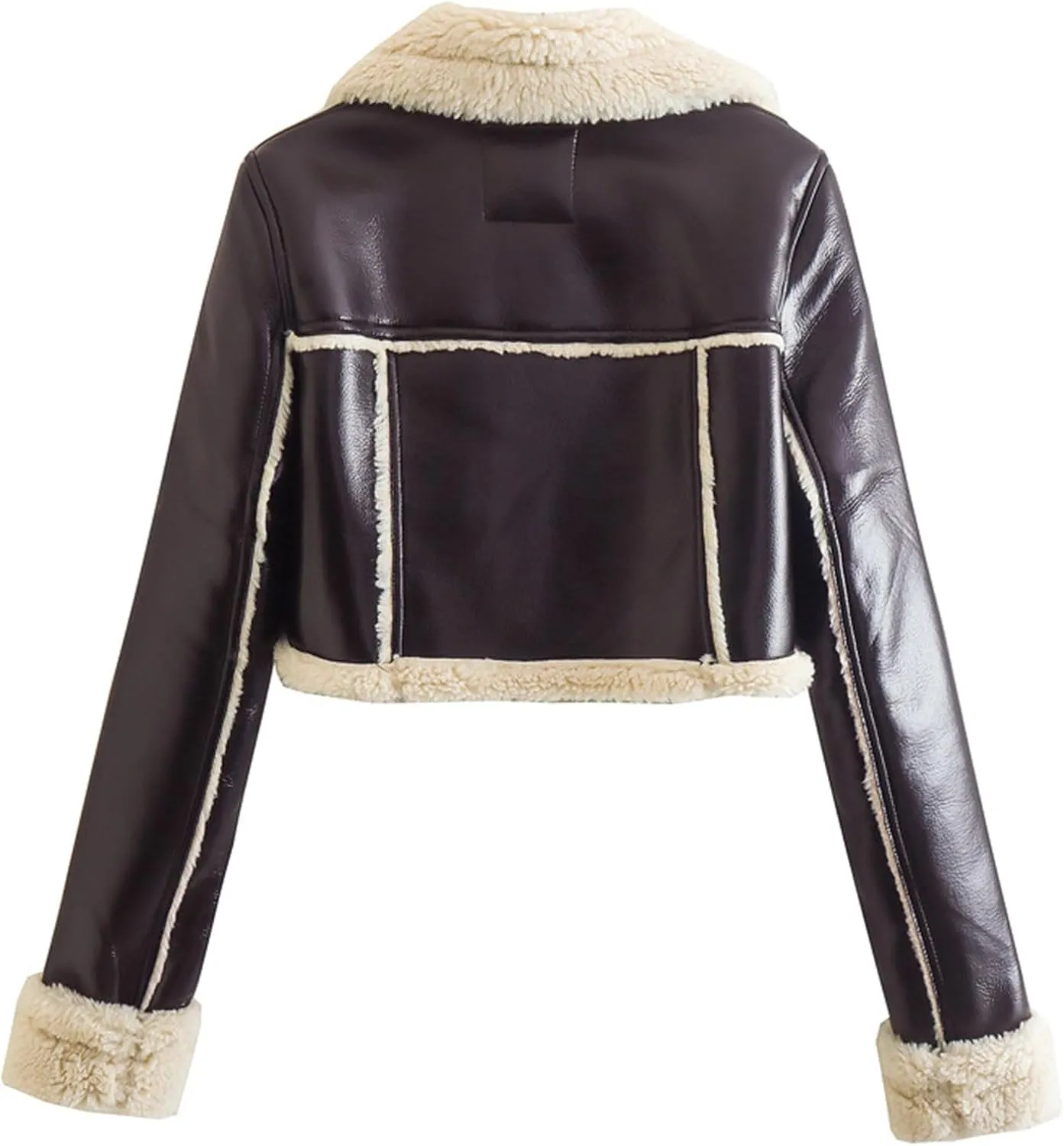 Women's Lamb Sherpa Lined Jacket Sexy Cropped Sweater Coats Winter Short Coat Fake Leather Motorcycle Style