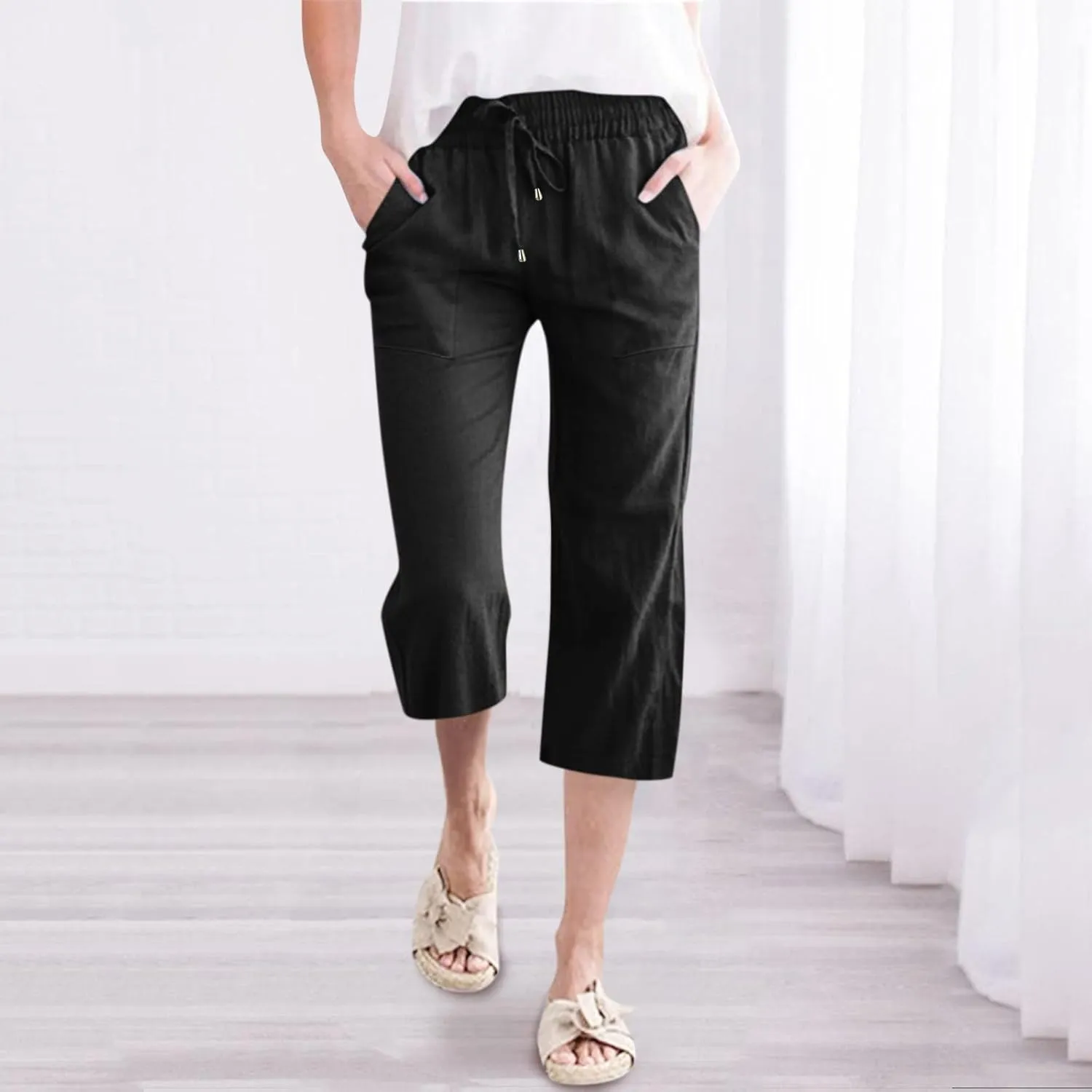 Womens Linen Pants Dressy Loose Fit High Waist Solid Wide Leg Work Palazzo Pant Trousers with Pockets