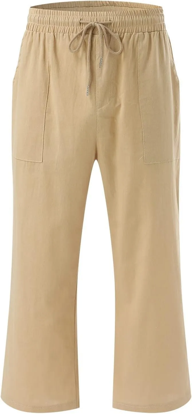 Womens Linen Pants Dressy Loose Fit High Waist Solid Wide Leg Work Palazzo Pant Trousers with Pockets