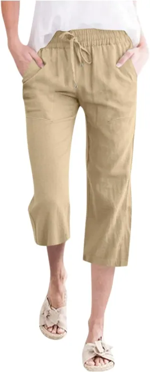 Womens Linen Pants Dressy Loose Fit High Waist Solid Wide Leg Work Palazzo Pant Trousers with Pockets
