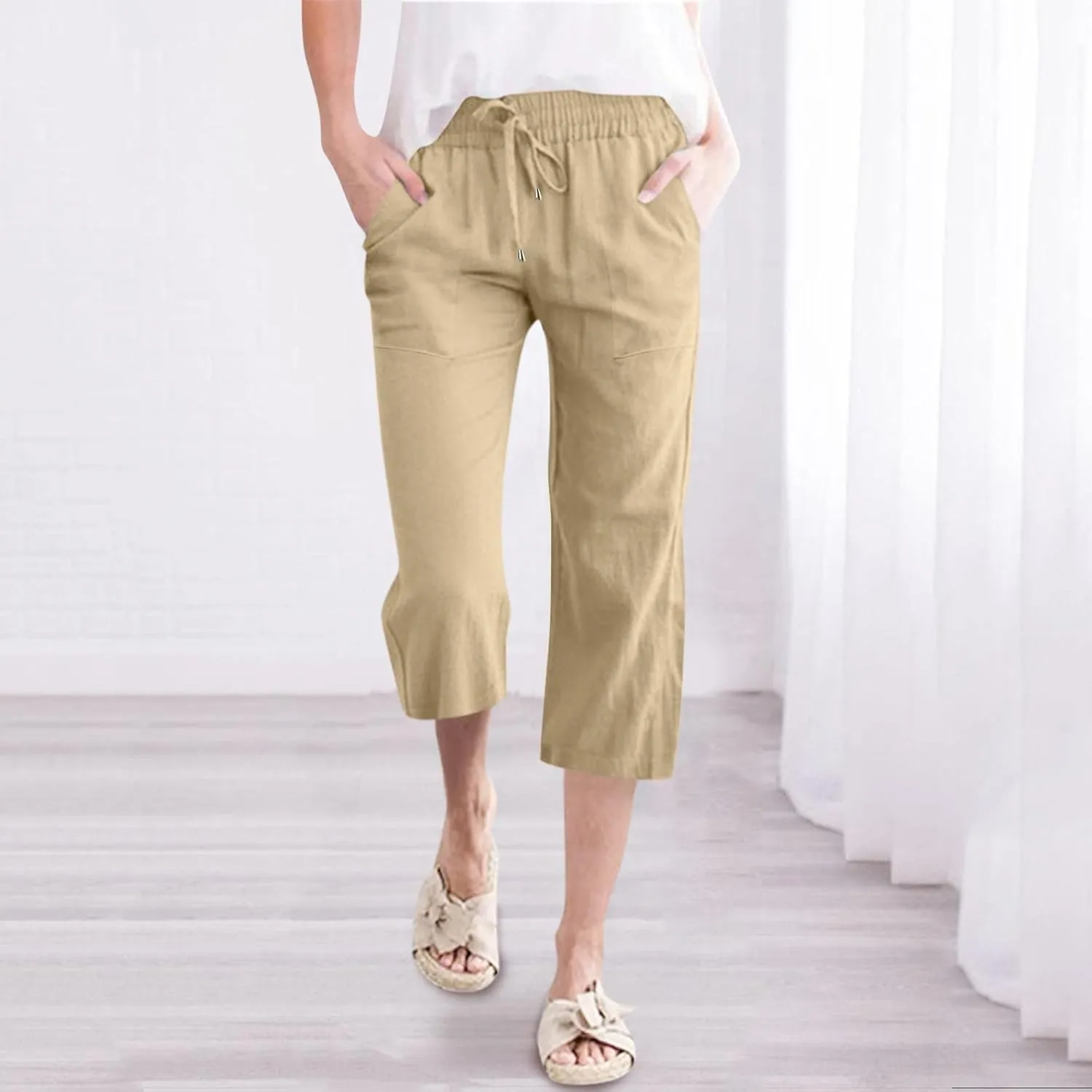 Womens Linen Pants Dressy Loose Fit High Waist Solid Wide Leg Work Palazzo Pant Trousers with Pockets