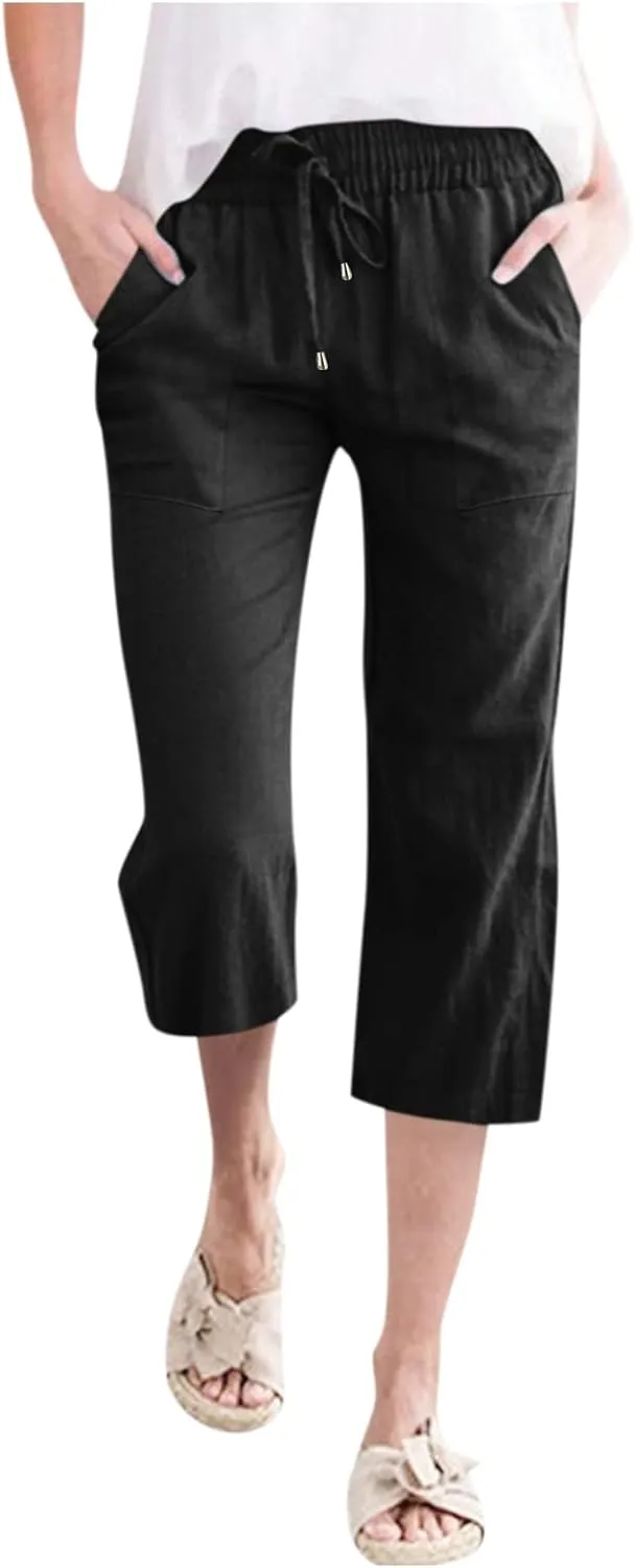 Womens Linen Pants Dressy Loose Fit High Waist Solid Wide Leg Work Palazzo Pant Trousers with Pockets