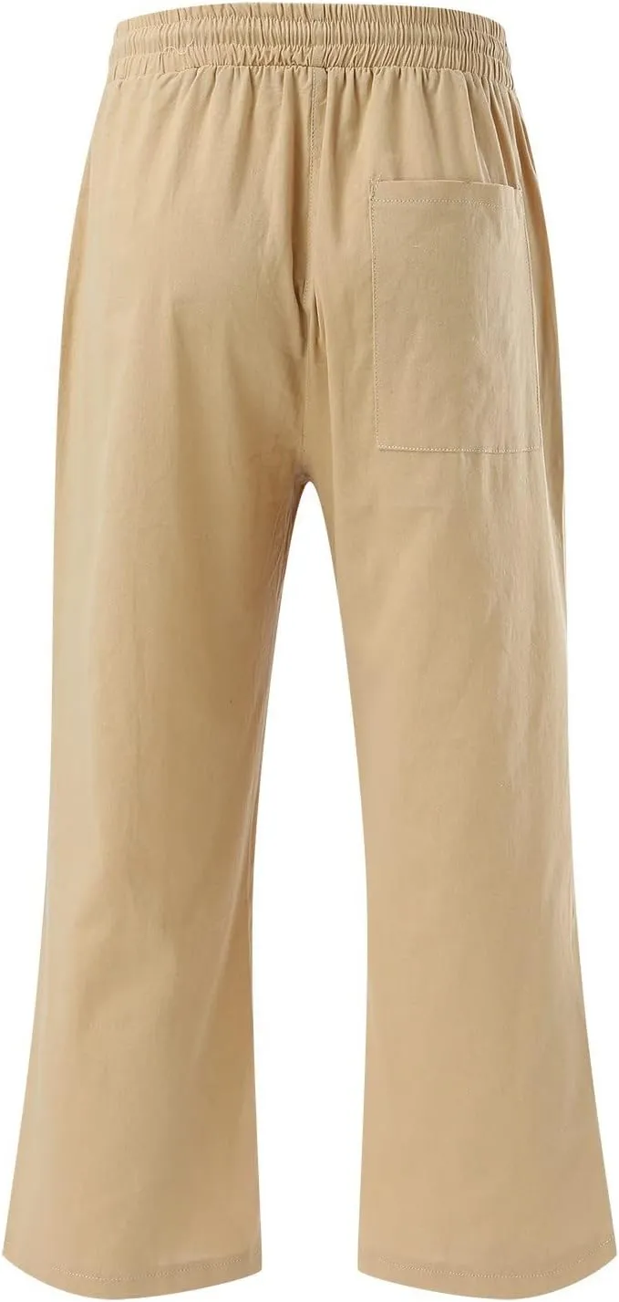 Womens Linen Pants Dressy Loose Fit High Waist Solid Wide Leg Work Palazzo Pant Trousers with Pockets