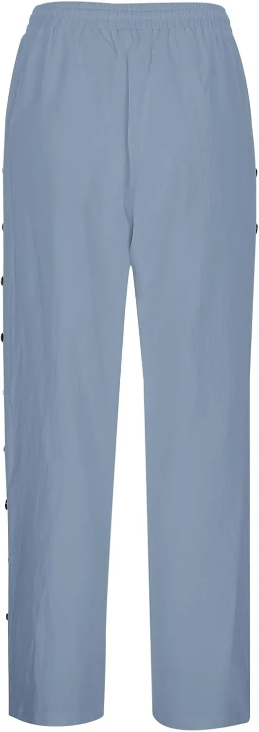 Women's Linen Pants with Side Buttons Summer Casual Lightweight Elastic Hight Waist Drawstring Loose Trousers
