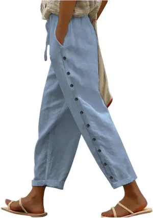 Women's Linen Pants with Side Buttons Summer Casual Lightweight Elastic Hight Waist Drawstring Loose Trousers