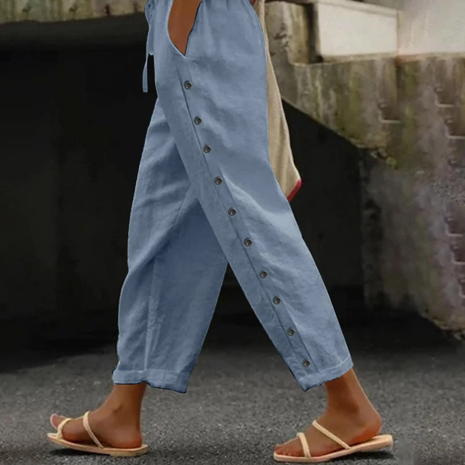 Women's Linen Pants with Side Buttons Summer Casual Lightweight Elastic Hight Waist Drawstring Loose Trousers