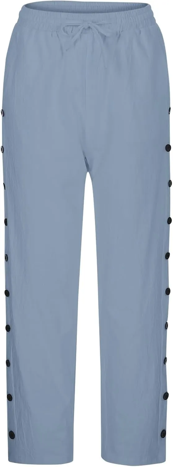 Women's Linen Pants with Side Buttons Summer Casual Lightweight Elastic Hight Waist Drawstring Loose Trousers