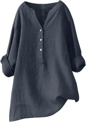 Womens Linen Shirts Summer Cotton Linen Plain Short Sleeve Tunic Top Casual Oversized Dressy V Neck Blouse