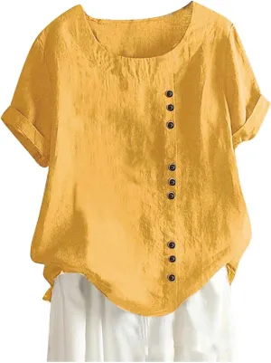 Women's Linen Shirts Summer Linen Embroidery Long Sleeve T-Shirt Casual Loose Fit Henley V Neck Blouse