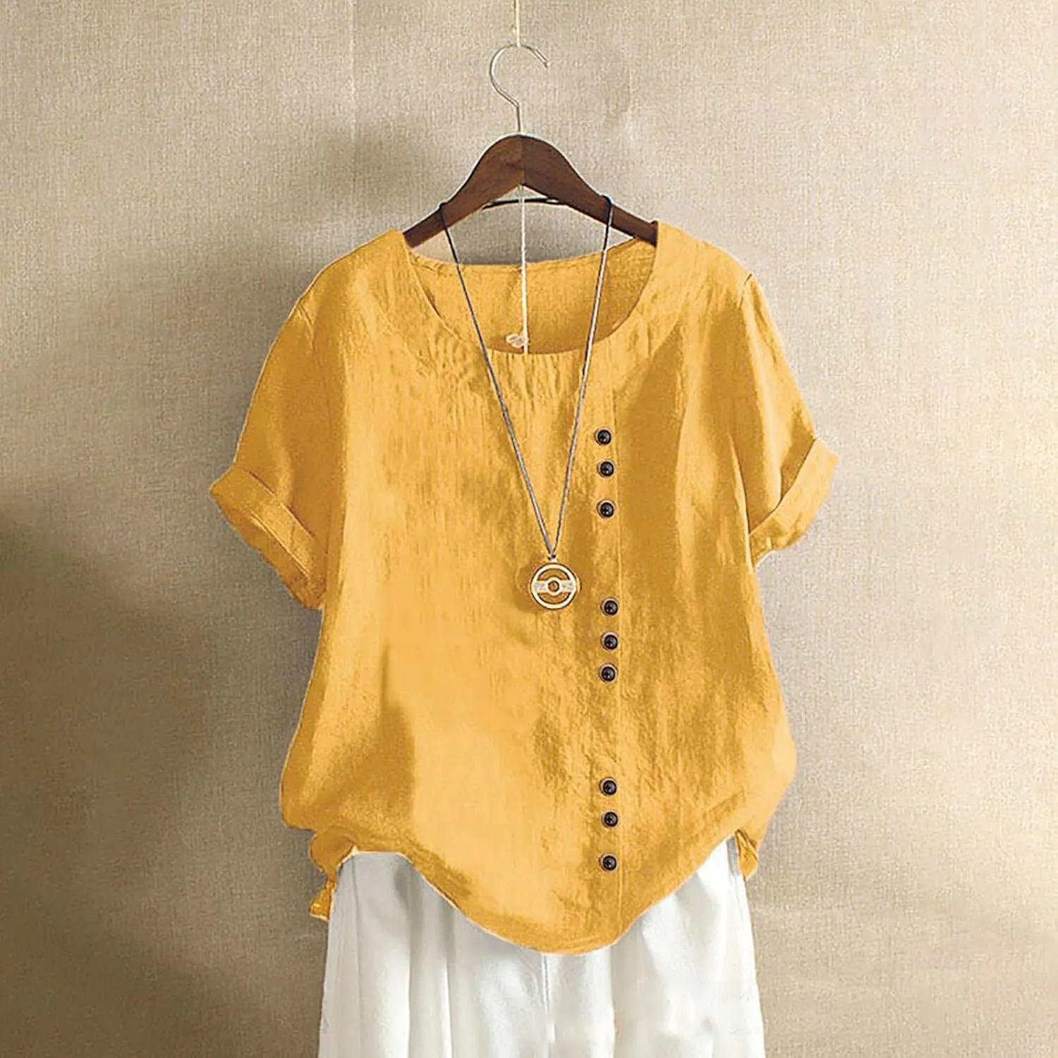 Women's Linen Shirts Summer Linen Embroidery Long Sleeve T-Shirt Casual Loose Fit Henley V Neck Blouse