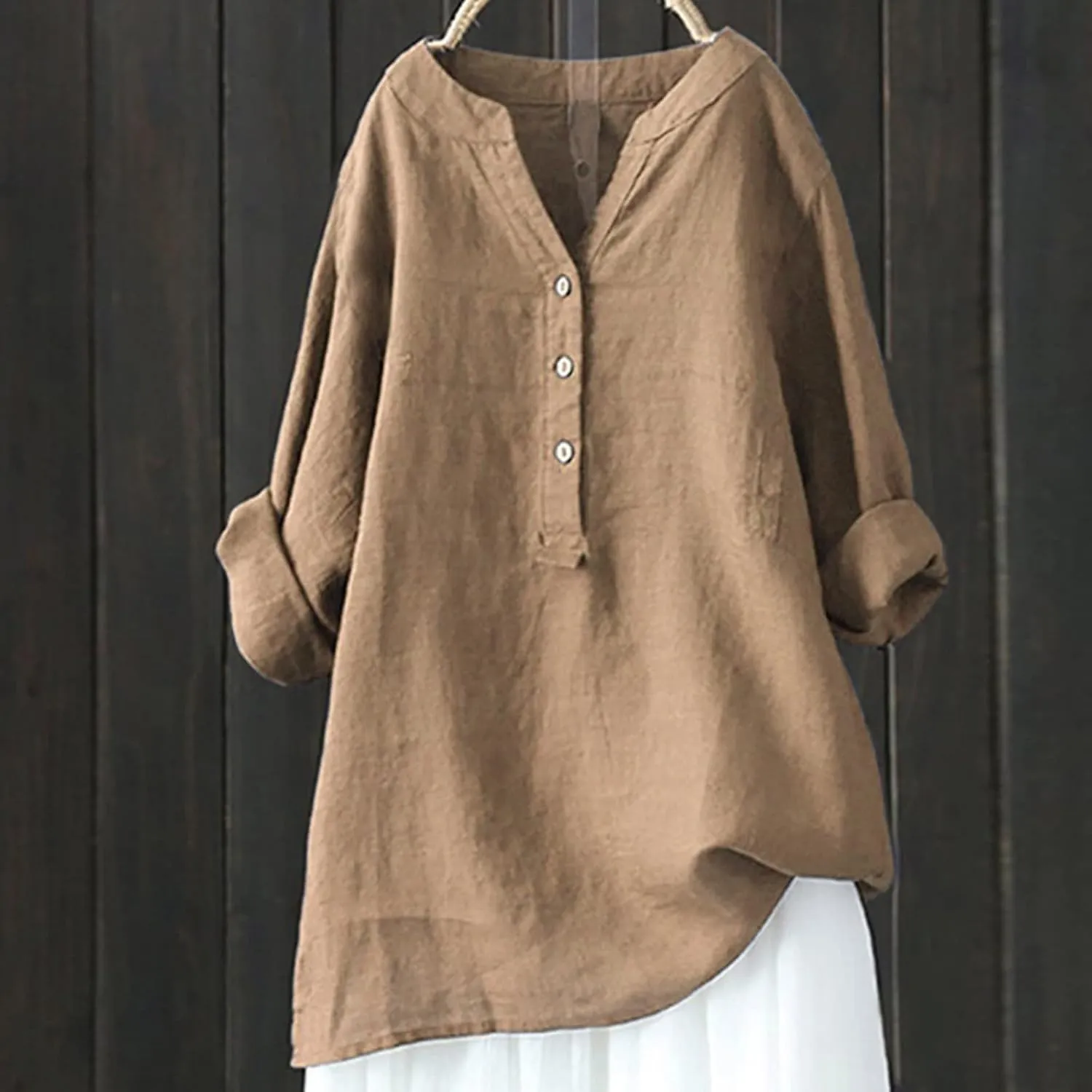 Women's Linen Shirts V-Neck Button Down Blouse Bohemian Beach Tee Shirt Short Sleeve Loose T-Shirts
