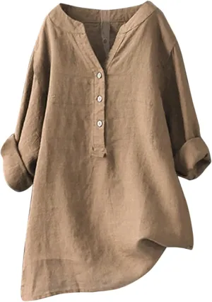 Women's Linen Shirts V-Neck Button Down Blouse Bohemian Beach Tee Shirt Short Sleeve Loose T-Shirts