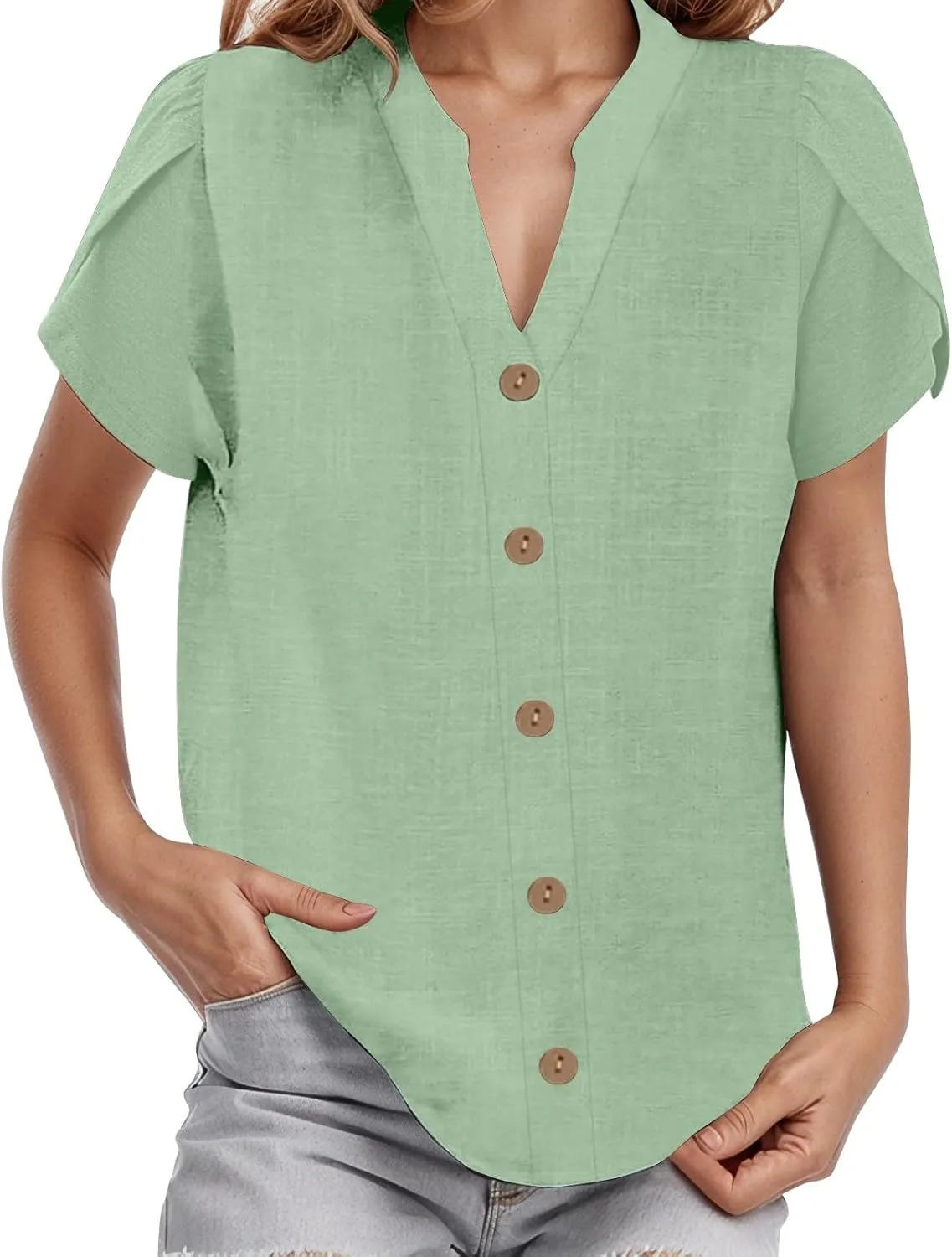 Womens Linen Shirts V Neck Buttons Blouses Solid Color Oversized Tops Short Sleeve Loose Fit Tunic Top