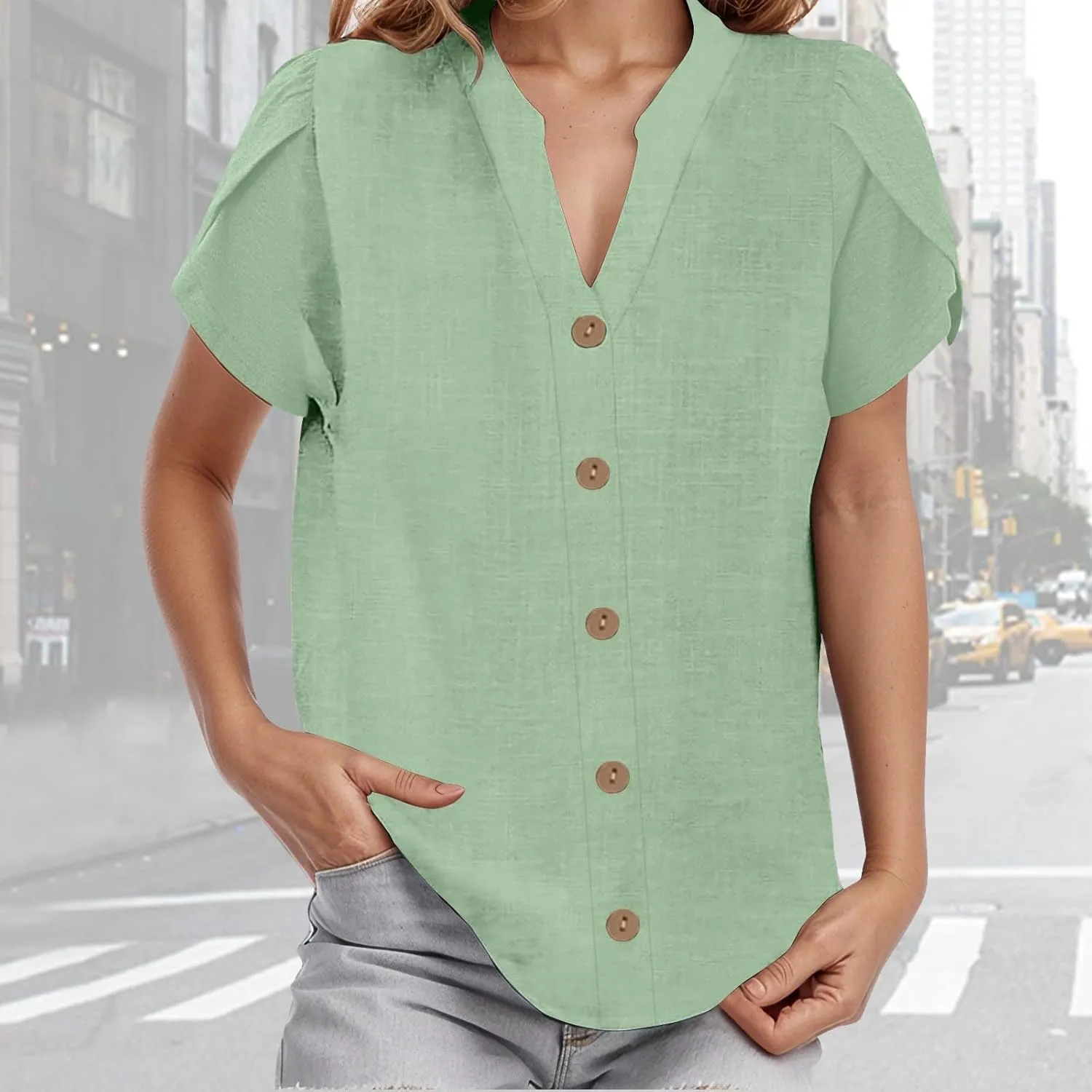 Womens Linen Shirts V Neck Buttons Blouses Solid Color Oversized Tops Short Sleeve Loose Fit Tunic Top