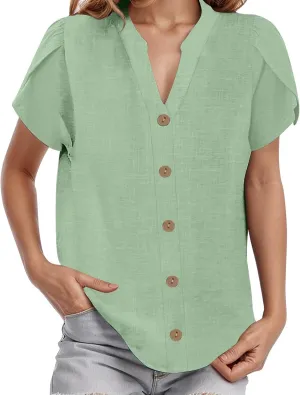 Womens Linen Shirts V Neck Buttons Blouses Solid Color Oversized Tops Short Sleeve Loose Fit Tunic Top
