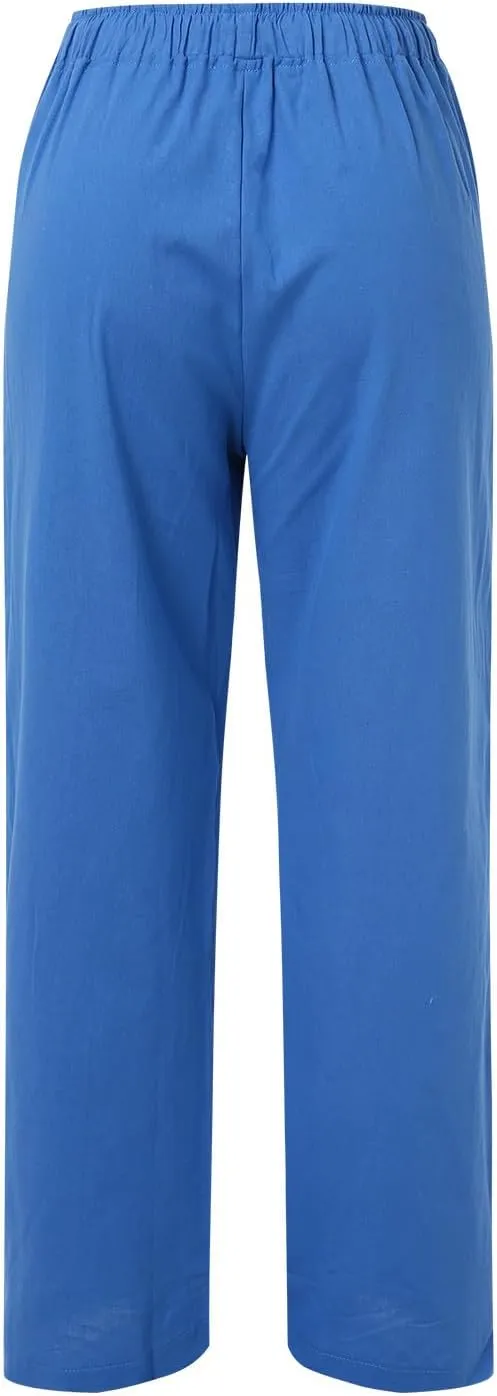 Women's Linen Summer Palazzo Pants Flowy Wide Leg Beach Pants Elastic High Waisted Button Trousers with Pocket