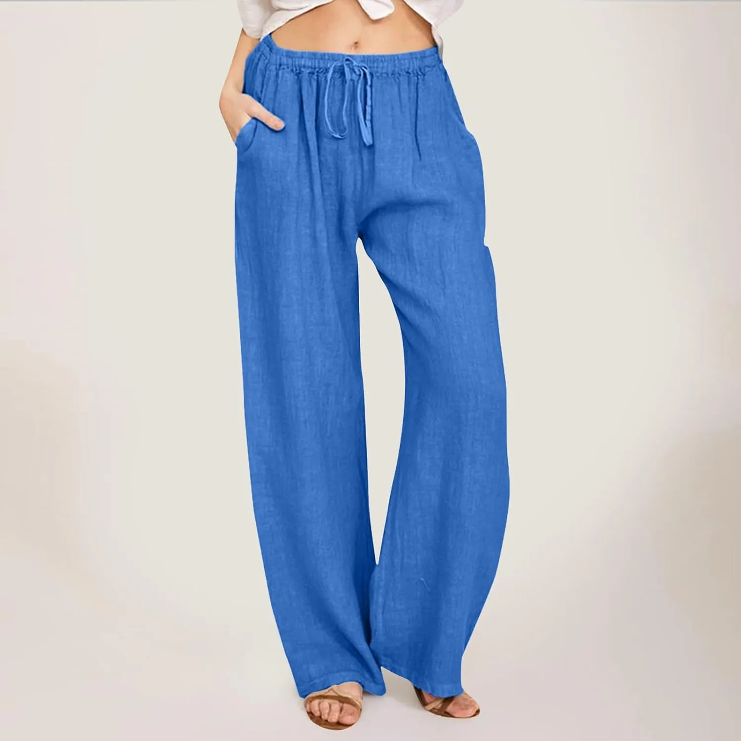 Women's Linen Summer Palazzo Pants Flowy Wide Leg Beach Pants Elastic High Waisted Button Trousers with Pocket