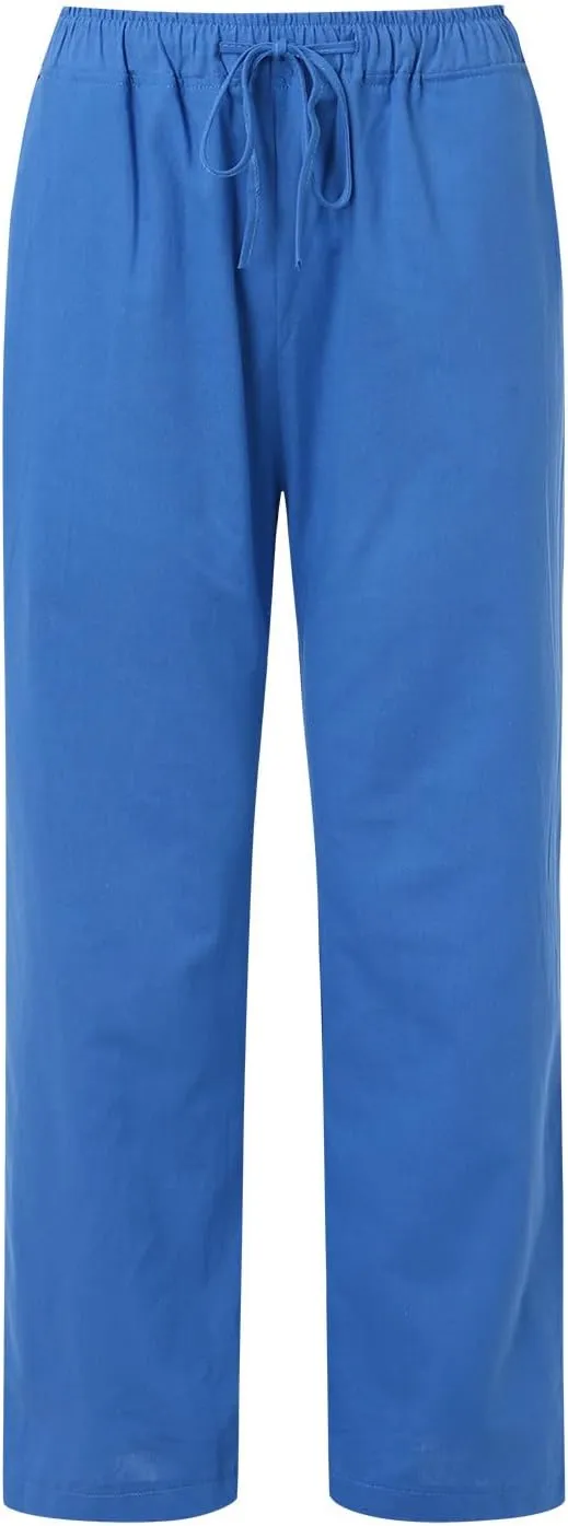 Women's Linen Summer Palazzo Pants Flowy Wide Leg Beach Pants Elastic High Waisted Button Trousers with Pocket