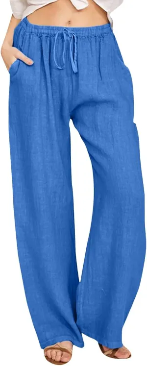 Women's Linen Summer Palazzo Pants Flowy Wide Leg Beach Pants Elastic High Waisted Button Trousers with Pocket