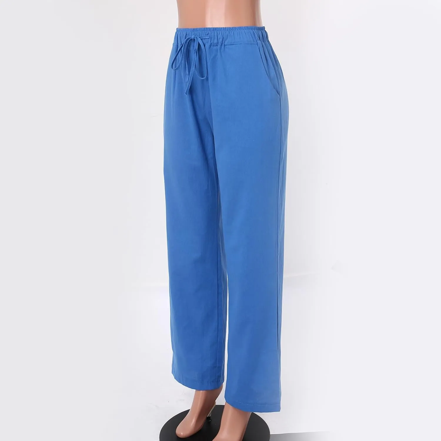 Women's Linen Summer Palazzo Pants Flowy Wide Leg Beach Pants Elastic High Waisted Button Trousers with Pocket